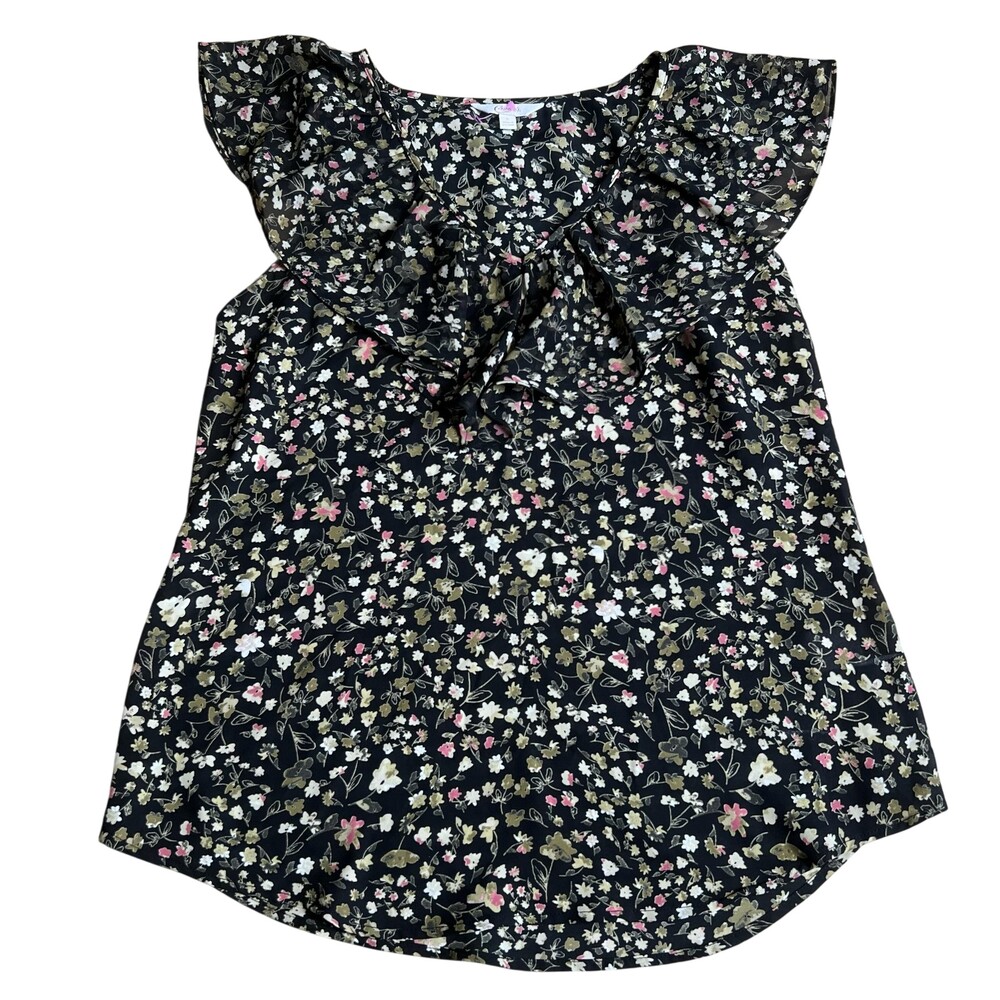Candie's Blouse Womens S Black Floral Kimono Ruffle Chiffon Lightweight